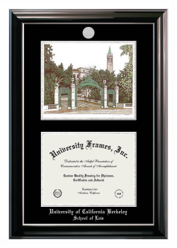 University of California Berkeley School of Law Double Opening with Campus Image (Stacked) Frame in Classic Ebony with Silver Trim with Black & Silver Mats for document: 8 1/2"h x 11"w  