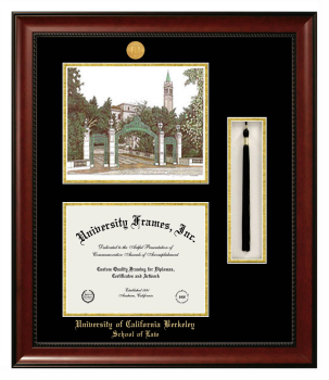 University of California Berkeley School of Law Double Opening with Campus Image & Tassel Box (Stacked) Frame in Avalon Mahogany with Black & Gold Mats for document: 8 1/2"h x 11"w  