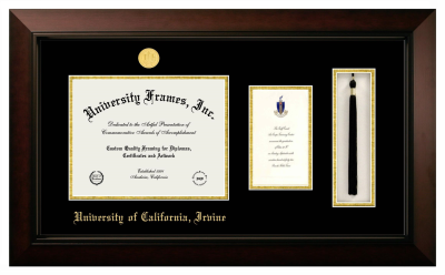 University of California Irvine Diploma with Announcement & Tassel Box Frame in Legacy Black Cherry with Black & Gold Mats for DOCUMENT: 8 1/2"H X 11"W  ,  7"H X 4"W  