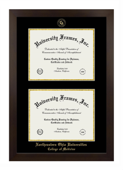 Northeastern Ohio Universities College of Medicine Double Degree (Stacked) Frame in Manhattan Espresso with Black & Gold Mats for document: 8 1/2"h x 11"w  , document: 8 1/2"h x 11"w  