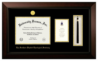 Southern Baptist Theological Seminary Diploma with Announcement & Tassel Box Frame in Legacy Black Cherry with Black & Gold Mats for document: 8 1/2"h x 11"w  , diploma: 7"h x 4"w  