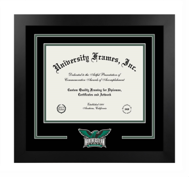 Northeastern State University Logo Mat Frame in Manhattan Black with Black & Forest Green Mats for DOCUMENT: 8 1/2"H X 11"W  