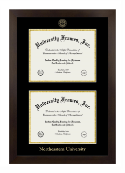 Northeastern University Double Degree (Stacked) Frame in Manhattan Espresso with Black & Gold Mats for DOCUMENT: 8 1/2"H X 11"W  , DOCUMENT: 8 1/2"H X 11"W  