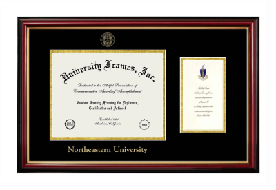 Northeastern University Diploma with Announcement Frame in Petite Mahogany with Gold Trim with Black & Gold Mats for DOCUMENT: 8 1/2"H X 11"W  ,  7"H X 4"W  