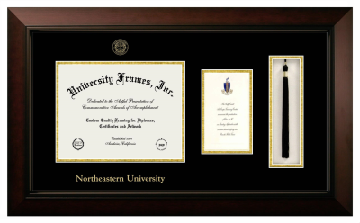 Northeastern University Diploma with Announcement & Tassel Box Frame in Legacy Black Cherry with Black & Gold Mats for DOCUMENT: 8 1/2"H X 11"W  ,  7"H X 4"W  
