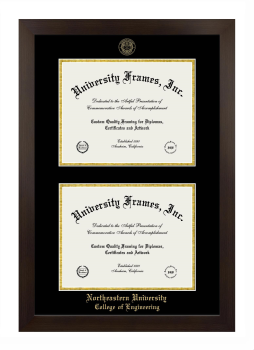 Northeastern University College of Engineering Double Degree (Stacked) Frame in Manhattan Espresso with Black & Gold Mats for document: 8 1/2"h x 11"w  , document: 8 1/2"h x 11"w  