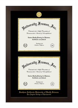 Southern California University of Health Sciences Los Angeles College of Chiropractic Double Degree (Stacked) Frame in Manhattan Espresso with Black & Gold Mats for document: 8 1/2"h x 11"w  , document: 8 1/2"h x 11"w  
