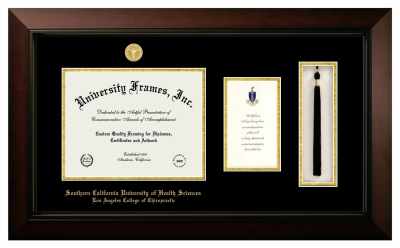 Southern California University of Health Sciences Los Angeles College of Chiropractic Diploma with Announcement & Tassel Box Frame in Legacy Black Cherry with Black & Gold Mats for document: 8 1/2"h x 11"w  , diploma: 7"h x 4"w  