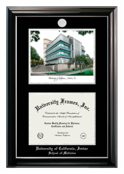 University of California Irvine School of Medicine Double Opening with Campus Image (Stacked) Frame in Classic Ebony with Silver Trim with Black & Silver Mats for document: 8 1/2"h x 11"w  