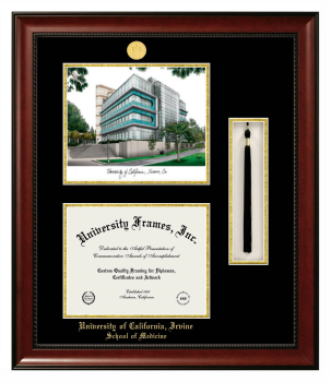 University of California Irvine School of Medicine Double Opening with Campus Image & Tassel Box (Stacked) Frame in Avalon Mahogany with Black & Gold Mats for document: 8 1/2"h x 11"w  