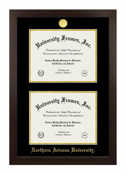 Northern Arizona University Double Degree (Stacked) Frame in Manhattan Espresso with Black & Gold Mats for DOCUMENT: 8 1/2"H X 11"W  , DOCUMENT: 8 1/2"H X 11"W  