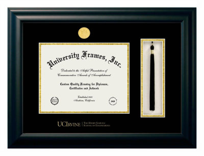 University of California Irvine The Henry Samueli School of Engineering Diploma with Tassel Box Frame in Satin Black with Black & Gold Mats for DOCUMENT: 8 1/2"H X 11"W  