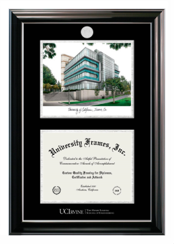 University of California Irvine The Henry Samueli School of Engineering Double Opening with Campus Image (Stacked) Frame in Classic Ebony with Silver Trim with Black & Silver Mats for DOCUMENT: 8 1/2"H X 11"W  