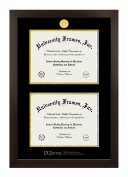 University of California Irvine The Henry Samueli School of Engineering Double Degree (Stacked) Frame in Manhattan Espresso with Black & Gold Mats for DOCUMENT: 8 1/2"H X 11"W  , DOCUMENT: 8 1/2"H X 11"W  