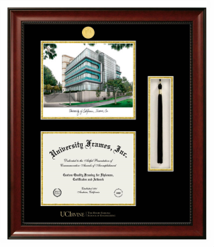 University of California Irvine The Henry Samueli School of Engineering Double Opening with Campus Image & Tassel Box (Stacked) Frame in Avalon Mahogany with Black & Gold Mats for DOCUMENT: 8 1/2"H X 11"W  