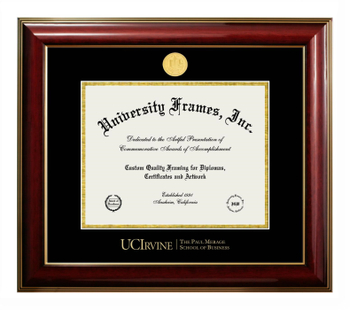 University of California Irvine The Paul Merage School of Business Diploma Frame in Classic Mahogany with Gold Trim with Black & Gold Mats for DOCUMENT: 8 1/2"H X 11"W  
