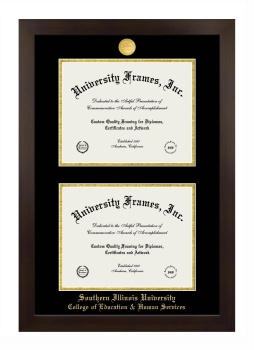 Southern Illinois University (Carbondale) College of Education & Human Services Double Degree (Stacked) Frame in Manhattan Espresso with Black & Gold Mats for document: 8 1/2"h x 11"w  , document: 8 1/2"h x 11"w  