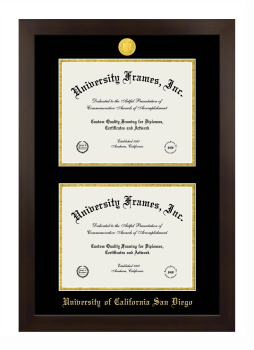 University of California San Diego Double Degree (Stacked) Frame in Manhattan Espresso with Black & Gold Mats for DOCUMENT: 8 1/2"H X 11"W  , DOCUMENT: 8 1/2"H X 11"W  