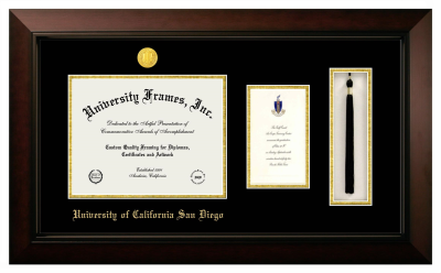 University of California San Diego Diploma with Announcement & Tassel Box Frame in Legacy Black Cherry with Black & Gold Mats for  8 1/2"h x 11"w  , diploma: 7"h x 4"w  