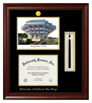 University of California San Diego Double Opening with Campus Image & Tassel Box (Stacked) Frame in Avalon Mahogany with Black & Gold Mats for DOCUMENT: 8 1/2"H X 11"W  