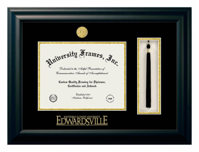 Southern Illinois University Edwardsville Diploma with Tassel Box Frame in Satin Black with Black & Gold Mats for  8 1/2"h x 11"w  