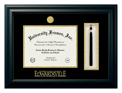 Southern Illinois University Edwardsville Diploma with Tassel Box Frame in Satin Black with Black & Gold Mats for DOCUMENT: 8 1/2"H X 11"W  