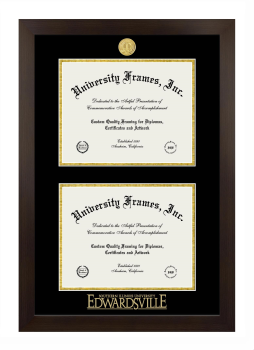 Southern Illinois University Edwardsville Double Degree (Stacked) Frame in Manhattan Espresso with Black & Gold Mats for DOCUMENT: 8 1/2"H X 11"W  , DOCUMENT: 8 1/2"H X 11"W  