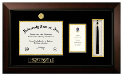 Southern Illinois University Edwardsville Diploma with Announcement & Tassel Box Frame in Legacy Black Cherry with Black & Gold Mats for  8 1/2"h x 11"w  , diploma: 7"h x 4"w  