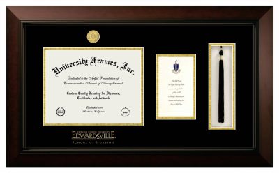 Southern Illinois University Edwardsville School of Nursing Diploma with Announcement & Tassel Box Frame in Legacy Black Cherry with Black & Gold Mats for document: 8 1/2"h x 11"w  , diploma: 7"h x 4"w  