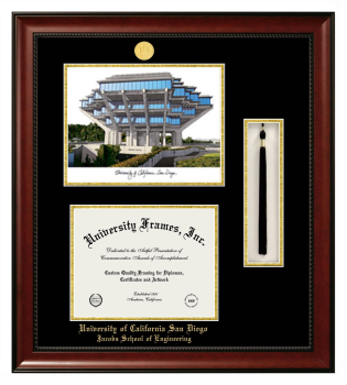 University of California San Diego Jacobs School of Engineering Double Opening with Campus Image & Tassel Box (Stacked) Frame in Avalon Mahogany with Black & Gold Mats for document: 8 1/2"h x 11"w  