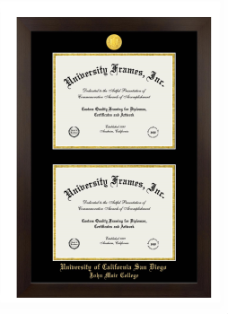 University of California San Diego John Muir College Double Degree (Stacked) Frame in Manhattan Espresso with Black & Gold Mats for document: 8 1/2"h x 11"w  , document: 8 1/2"h x 11"w  