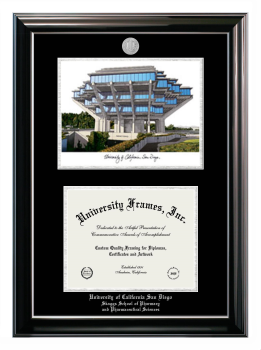 University of California San Diego Skaggs School of Pharmacy and Pharmaceutical Sciences Double Opening with Campus Image (Stacked) Frame in Classic Ebony with Silver Trim with Black & Silver Mats for document: 8 1/2"h x 11"w  