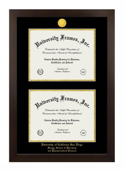 University of California San Diego Skaggs School of Pharmacy and Pharmaceutical Sciences Double Degree (Stacked) Frame in Manhattan Espresso with Black & Gold Mats for document: 8 1/2"h x 11"w  , document: 8 1/2"h x 11"w  