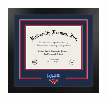 Southern Methodist University Logo Mat Frame in Manhattan Black with Navy Blue & Red Mats for document: 8 1/2"h x 11"w  