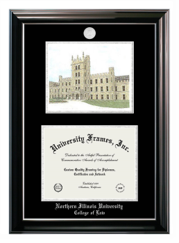 Northern Illinois University College of Law Double Opening with Campus Image (Stacked) Frame in Classic Ebony with Silver Trim with Black & Silver Mats for document: 8 1/2"h x 11"w  