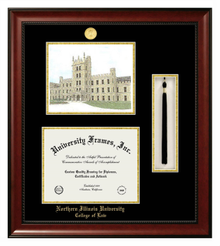 Northern Illinois University College of Law Double Opening with Campus Image & Tassel Box (Stacked) Frame in Avalon Mahogany with Black & Gold Mats for document: 8 1/2"h x 11"w  