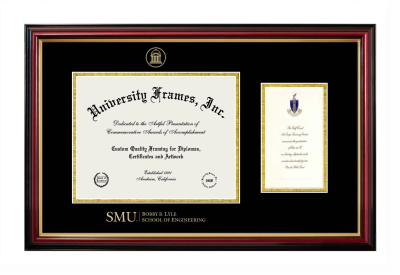 Southern Methodist University Bobby B. Lyle School of Engineering Diploma with Announcement Frame in Petite Mahogany with Gold Trim with Black & Gold Mats for document: 8 1/2"h x 11"w  , diploma: 7"h x 4"w  