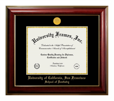 University of California San Francisco School of Dentistry Diploma Frame in Classic Mahogany with Gold Trim with Black & Gold Mats for document: 8 1/2"h x 11"w  