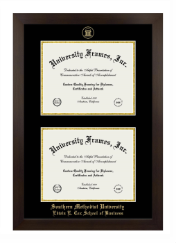 Southern Methodist University Edwin L. Cox School of Business Double Degree (Stacked) Frame in Manhattan Espresso with Black & Gold Mats for DOCUMENT: 8 1/2"H X 11"W  , DOCUMENT: 8 1/2"H X 11"W  