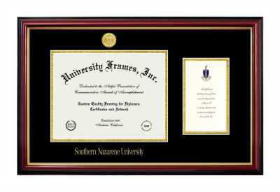 Southern Nazarene University Diploma with Announcement Frame in Petite Mahogany with Gold Trim with Black & Gold Mats for document: 8 1/2"h x 11"w  , diploma: 7"h x 4"w  