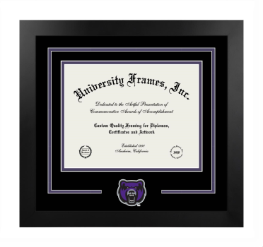 University of Central Arkansas Logo Mat Frame in Manhattan Black with Black & Purple Mats for document: 8 1/2"h x 11"w  