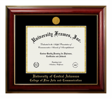 University of Central Arkansas College of Fine Arts and Communication Diploma Frame in Classic Mahogany with Gold Trim with Black & Gold Mats for DOCUMENT: 8 1/2"H X 11"W  
