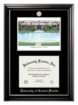 University of Central Florida Double Opening with Campus Image (Stacked) Frame in Classic Ebony with Silver Trim with Black & Silver Mats for DOCUMENT: 8 1/2"H X 11"W  