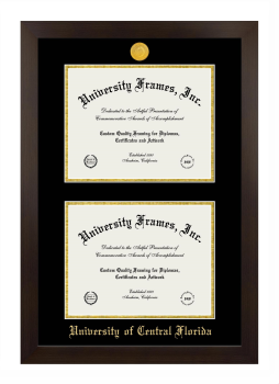 University of Central Florida Double Degree (Stacked) Frame in Manhattan Espresso with Black & Gold Mats for DOCUMENT: 8 1/2"H X 11"W  , DOCUMENT: 8 1/2"H X 11"W  
