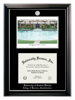 University of Central Florida College of Business Administration Double Opening with Campus Image (Stacked) Frame in Classic Ebony with Silver Trim with Black & Silver Mats for document: 8 1/2"h x 11"w  
