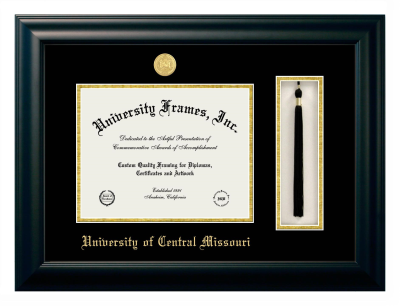University of Central Missouri Diploma with Tassel Box Frame in Satin Black with Black & Gold Mats for DOCUMENT: 8 1/2"H X 11"W  