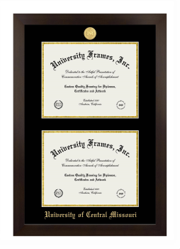 University of Central Missouri Double Degree (Stacked) Frame in Manhattan Espresso with Black & Gold Mats for DOCUMENT: 8 1/2"H X 11"W  , DOCUMENT: 8 1/2"H X 11"W  