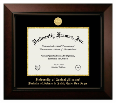 University of Central Missouri Bachelor of Science in Safety Tyler Don Asher Diploma Frame in Legacy Black Cherry with Black & Gold Mats for DOCUMENT: 8 1/2"H X 11"W  