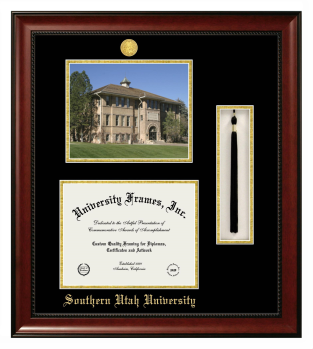Southern Utah University Double Opening with Campus Image & Tassel Box (Stacked) Frame in Avalon Mahogany with Black & Gold Mats for document: 8 1/2"h x 11"w  
