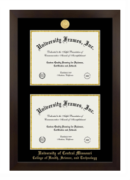 University of Central Missouri College of Health, Science, and Technology Double Degree (Stacked) Frame in Manhattan Espresso with Black & Gold Mats for document: 8 1/2"h x 11"w  , document: 8 1/2"h x 11"w  